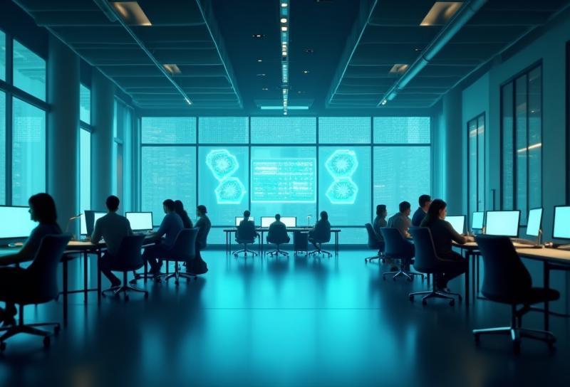 Modern office interior or abstract representation of technology and teamwork.