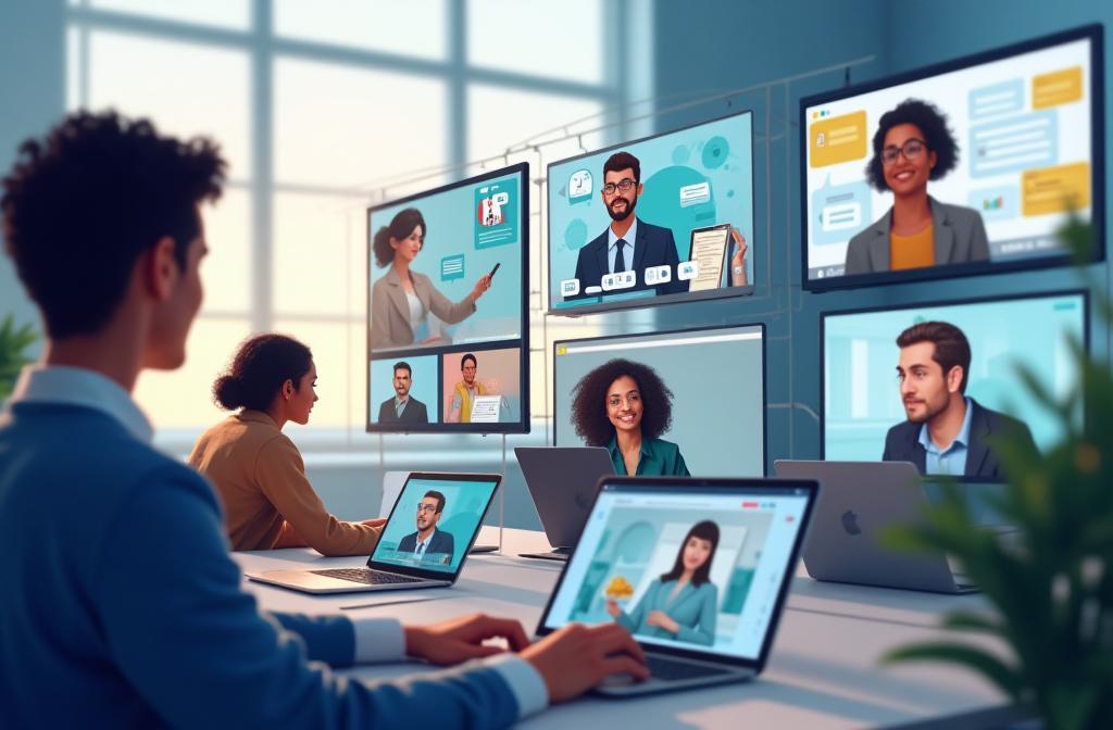 Diverse team collaborating remotely using digital tools.