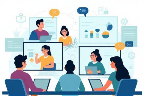 Illustration of a productive remote team working together