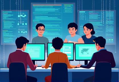 Illustration of a tech development team working on code
